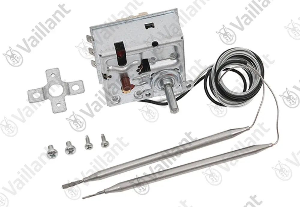 Vaillant Thermostat mit Metallgehäuse, integrierten Sensoren und Anschlussdrähten, Zubehör wie Montageplatte und Schrauben, zur Regelung von Heizungsanlagen.